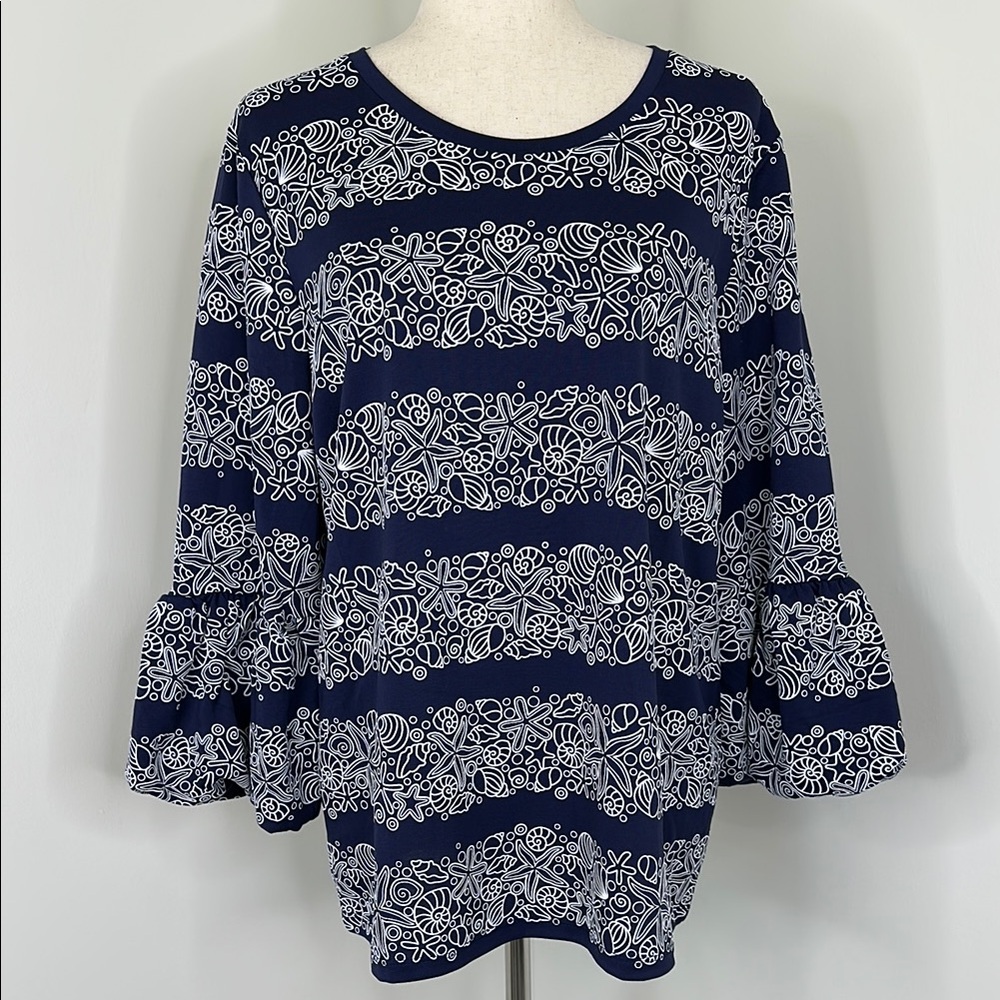 Chico's Navy & White Nautical Print Top NWT